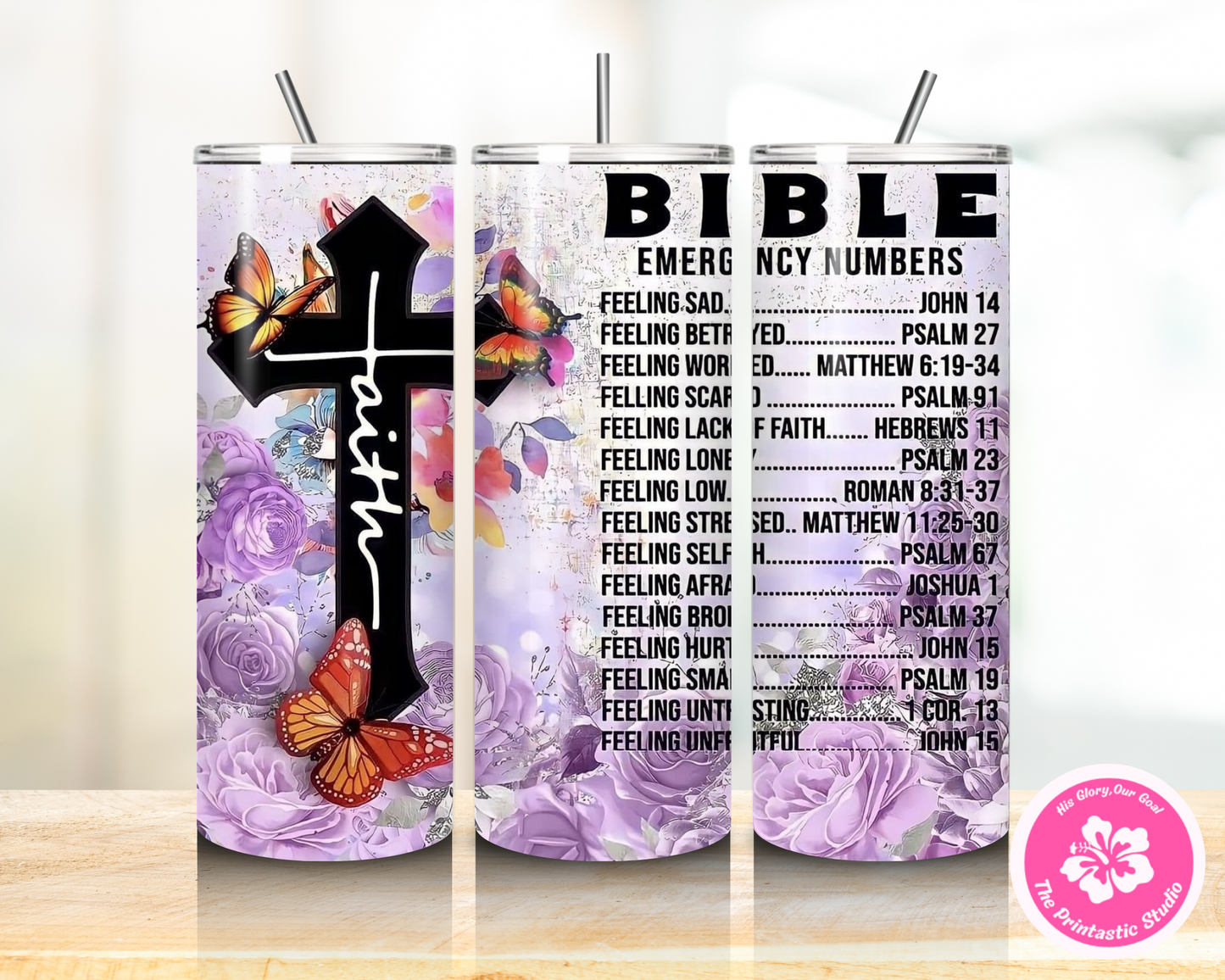 Purple ~ Bible Emergency Numbers - Tumbler