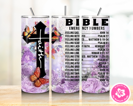 Purple ~ Bible Emergency Numbers - Tumbler